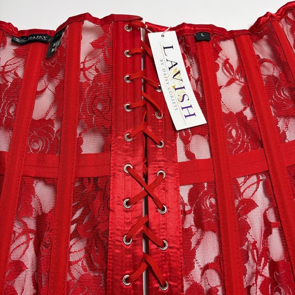 FINAL PRICE! Red Lace Corset Romantic Glam Lace Up Waist Cincher Size Large - Picture 10 of 16